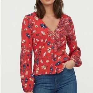 H&M Women's Blouse Size 4 V-Neck Floral Button Front Red Long-Sleeve Top